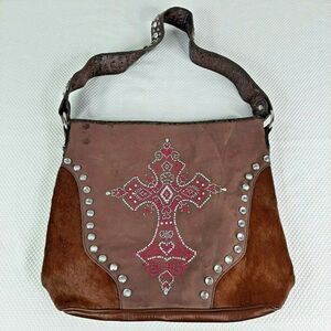 New BHW Shoulder Bag Purse Brown Bling Pink Cross Suede Calf Hair Western